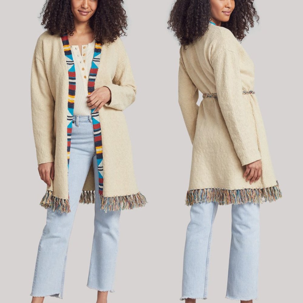 NWT Faherty Crow Stripes Duster Cardigan Braided Belt Border Stripe Ivory Small